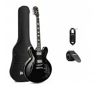 Напівакустична гітара з чохлом та аксесуарами Donner Music DJP-1000 Semi-Hollow Electric Guitar Black EC1382