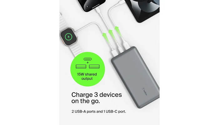 Зовнішній акумулятор (повербанк) Belkin 20000 мАг, 15Вт, 2хUSB-A/USB-C, сірий, фото № 6