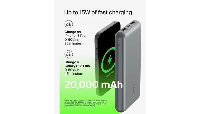 Зовнішній акумулятор (повербанк) Belkin 20000 мАг, 15Вт, 2хUSB-A/USB-C, сірий, фото № 8