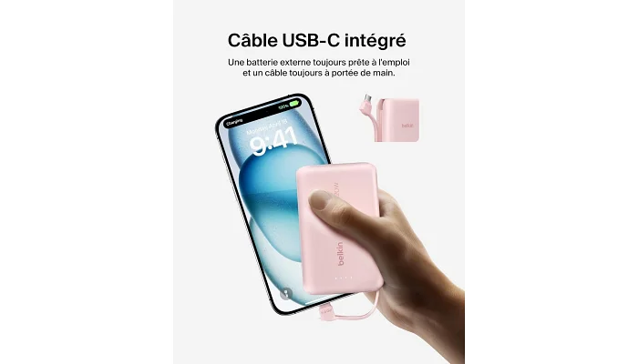 Зовнішній акумулятор (повербанк) Belkin 10000 мАг, 20Вт, USB-C, рожевий, фото № 4