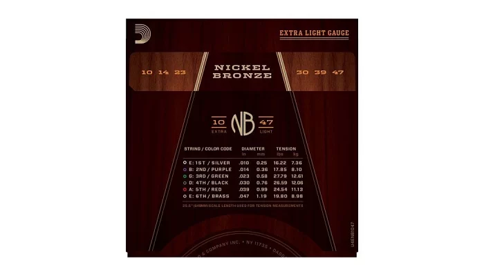 Набор струн для акустической гитары DADDARIO NB1047 NICKEL BRONZE EXTRA LIGHT 10-47, фото № 3