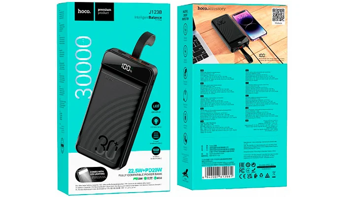 Зовнішній акумулятор (повербанк) HOCO J123B (30000 mAh), Black, фото № 6