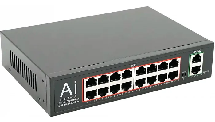PoE-комутатор MERLION, 16×10/100/1000 PoE + 2×RJ45, 52V 3.85A (вбудований БП), фото № 1