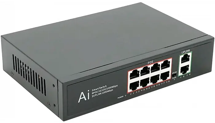 PoE-комутатор MERLION, 8×10/100/1000 PoE + 2×RJ45, 52V 2.3A (вбудований БП), фото № 1