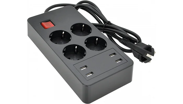 Мережевий фільтр Voltronic (4 розетки + 4 USB), з виходом 5V-2.4A + кнопка включення з індикатором, black