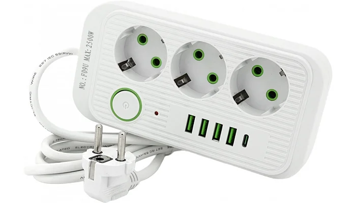 Мережевий фільтр Voltronic F09U (3 розетки EU + 4 USB + 1PD), кнопка увімкнення з індикатором, white, фото № 1