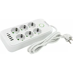 Мережевий фільтр Voltronic F06U (6 розеток EU + 4 USB + 1PD), кнопка увімкнення з індикатором, white
