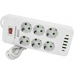Мережевий фільтр Voltronic F33U (6 розеток EU + 4 USB + 2 PD), кнопка увімкнення з індикатором, white
