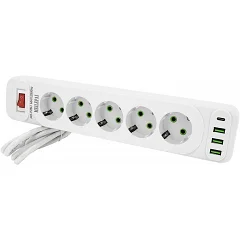 Мережевий фільтр Voltronic F25U (5 розеток EU + 3 USB + PD), кнопка увімкнення з індикатором, white