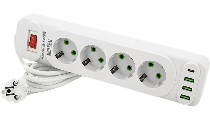 Мережевий фільтр Voltronic F24U (4 розетки EU + 3 USB + PD), кнопка увімкнення з індикатором, white, фото № 1