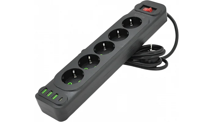 Сетевой фильтр Voltronic F25U (5 розеток EU + 3 USB + PD), кнопка включения с индикатором, black, фото № 1