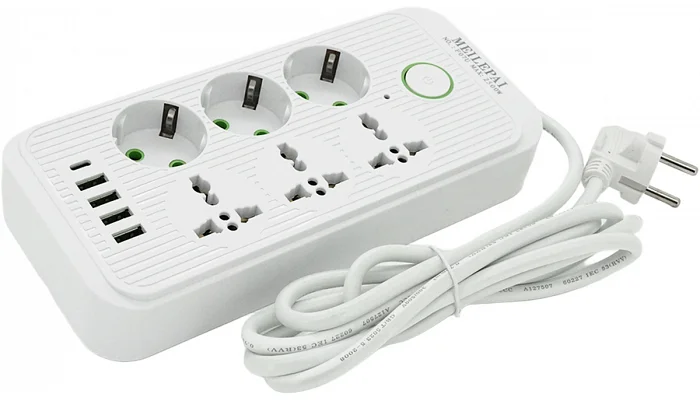Мережевий фільтр Voltronic F07U (6 розеток (3 EU+3 Universal) + 4 USB + 1PD), кнопка включення з індикатором, white