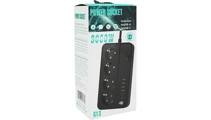 Мережевий фільтр Voltronic (4 розетки + 4 USB 3,2А + 2 Type-C + таймер), із захистом від перенапруги G13H, black, фото № 6
