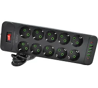 Мережевий фільтр Voltronic F35U (10 розеток EU + 4 USB + 2 PD), кнопка увімкнення з індикатором, black