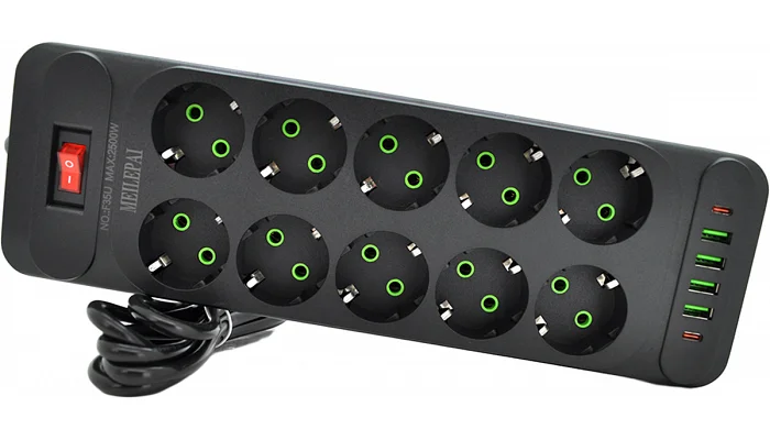 Мережевий фільтр Voltronic F35U (10 розеток EU + 4 USB + 2 PD), кнопка увімкнення з індикатором, black, фото № 1