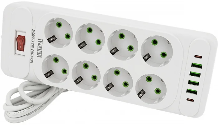 Мережевий фільтр Voltronic F34U (8 розеток EU + 4 USB + 2 PD), кнопка увімкнення з індикатором, white, фото № 1