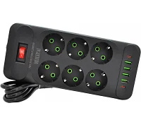 Мережевий фільтр Voltronic F33U (6 розеток EU + 4 USB + 2 PD), кнопка увімкнення з індикатором, black