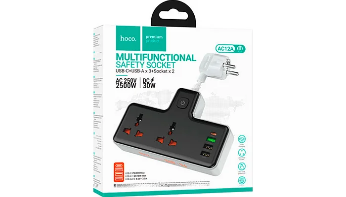 Мережевий фільтр HOCO AC12A (2 розетки + 3 USB + USB-C), black, фото № 3