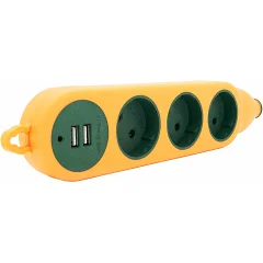 Колодка Voltronic (3 гнезда + 2 USB), 16A, 220V, без заземления, yellow