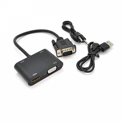 Конвертер VEGGIEG V2-H VGA (тато) на VGA (мама) + HDMI (мама), чорний