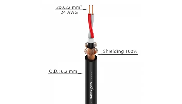 Микрофонный кабель диаметр 6,2 мм 2x0.22мм ROXTONE MC222-BK-100m