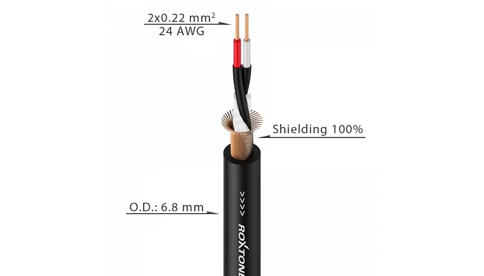 Микрофонный кабель 6,8мм 2x0.22мм ROXTONE MC005-BK-100m