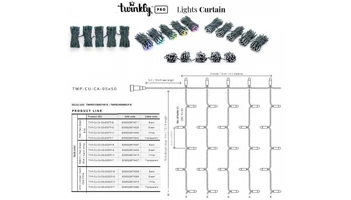 Smart LED Гирлянда Twinkly Pro Curtain RGB 250, AWG22, IP65, зеленый, фото № 6