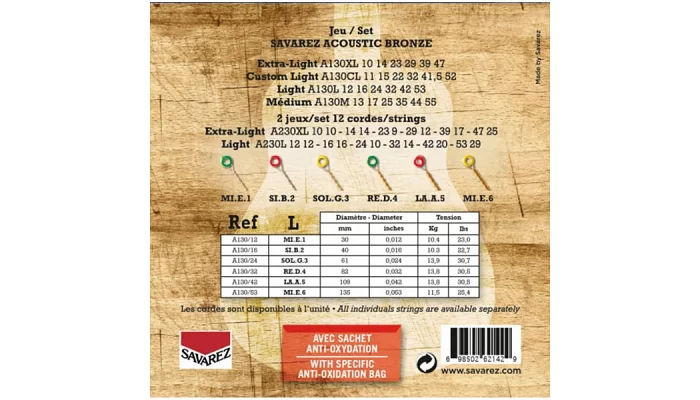 Струни для акустичної гітари Savarez A130L Bronze Light Acoustic Guitar Strings 12/53, фото № 2