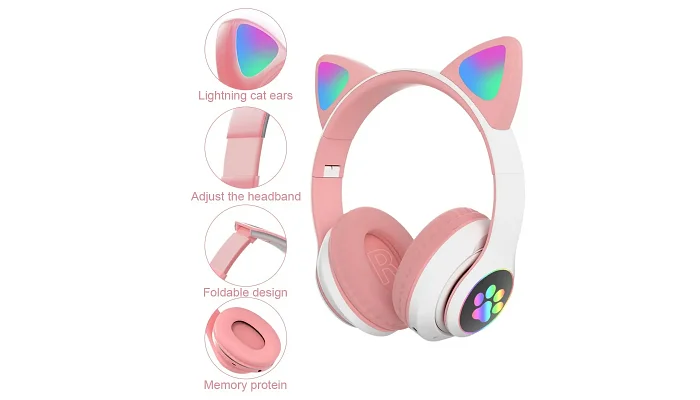 Детские беспроводные Bluetooth наушники с подсветкой EMCORE CAT Headset VZV-28M (Pink), фото № 2