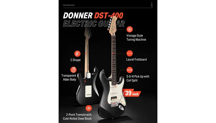 Електрогітара з чохлом та аксесуарами Donner Music DST-400 Electric Guitar Black EC1385, фото № 2