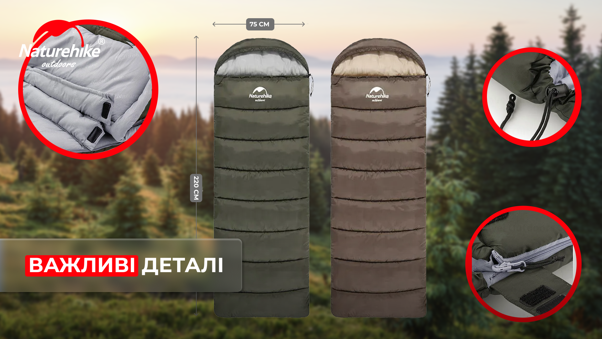 Спальник з капюшоном Naturehike U350 NH20MSD07, (1°C), правий, зелений
